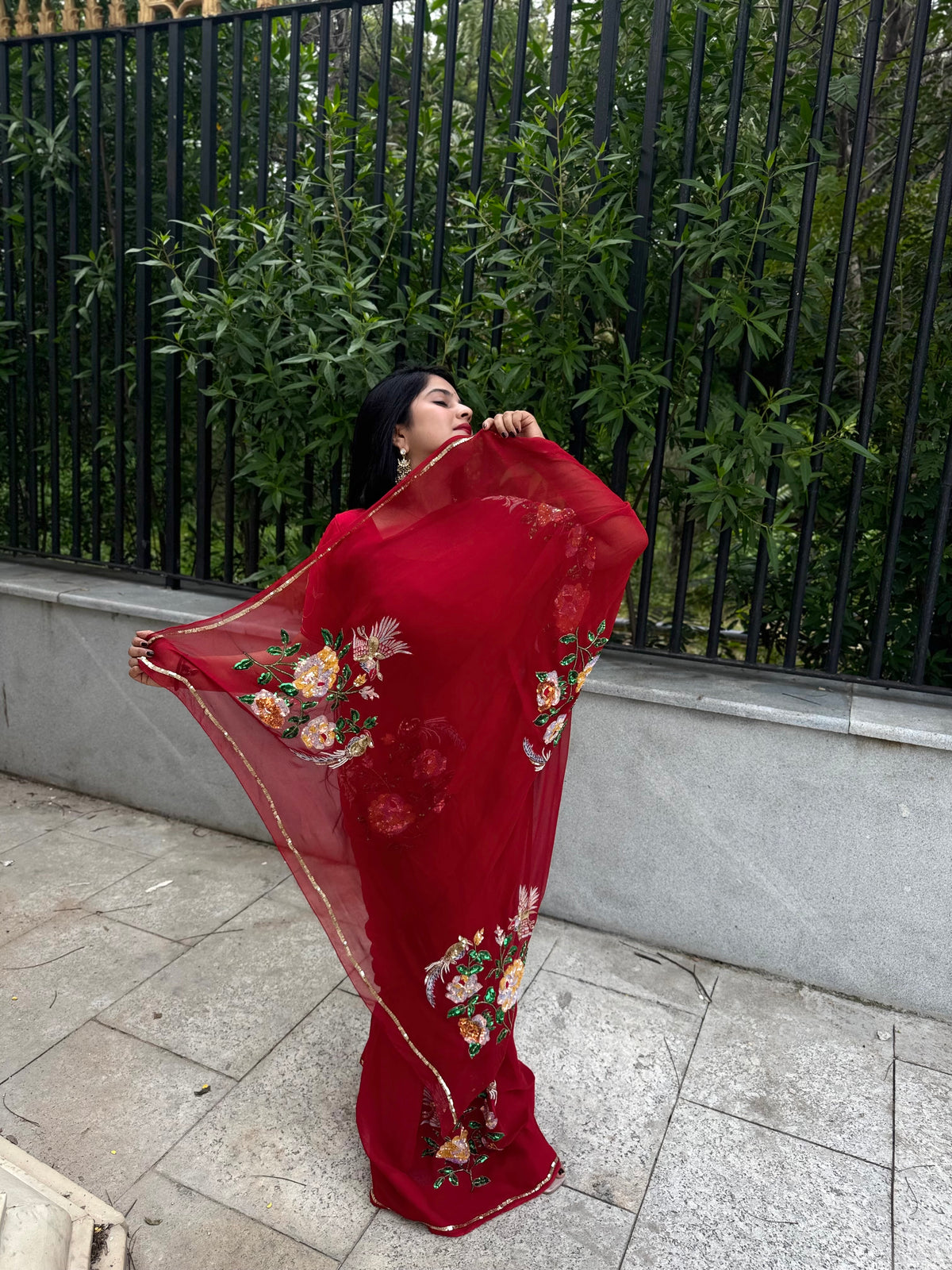 ARUNIMA — Red Hand-Embroidered Platinum Chiffon Saree