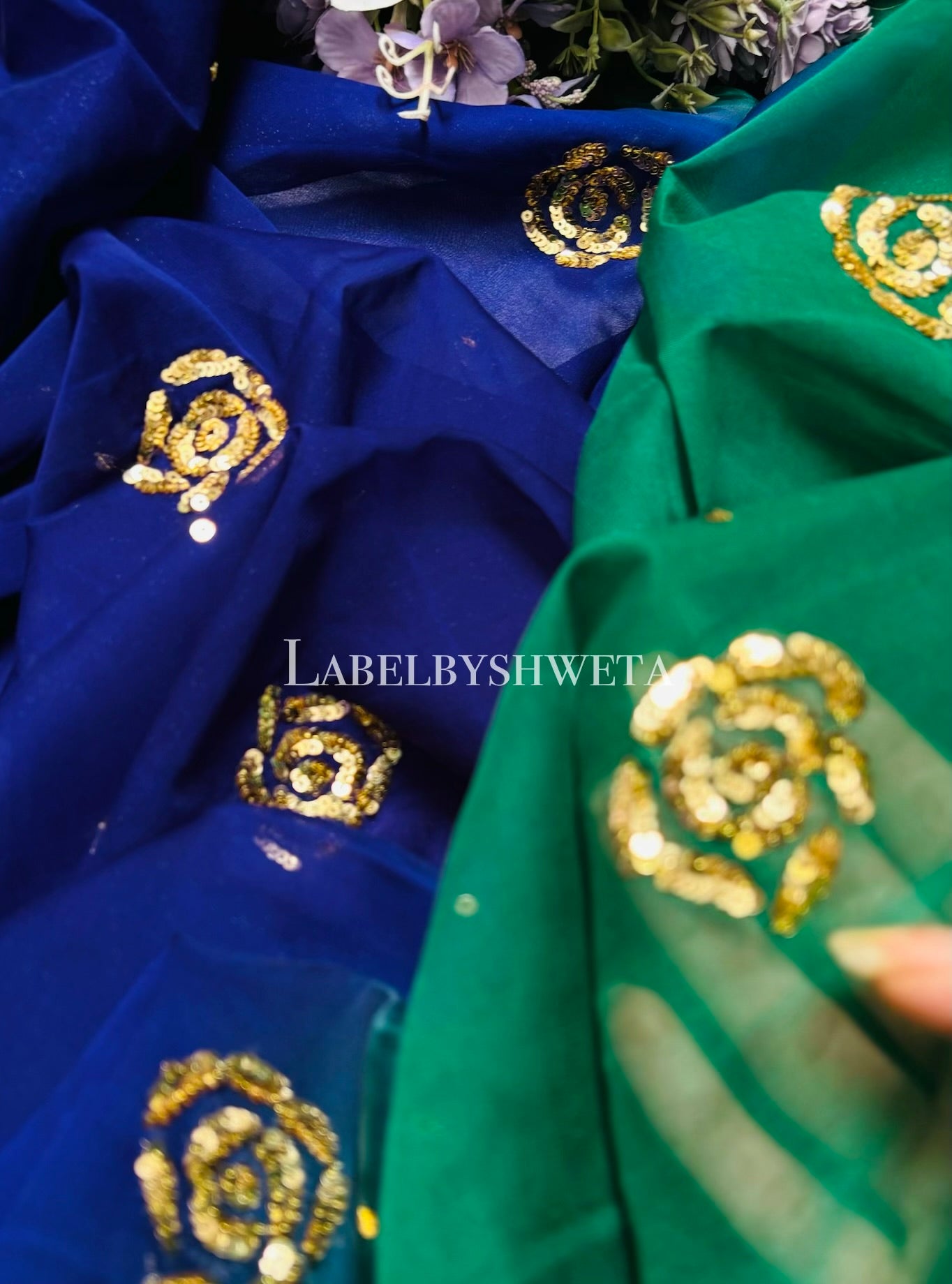 Dark Green & Royal Blue Dual Shaded Humraai Pure Saree | Half Rose Sequin Motifs All Over | Sheer Lightweight Embellished Saree