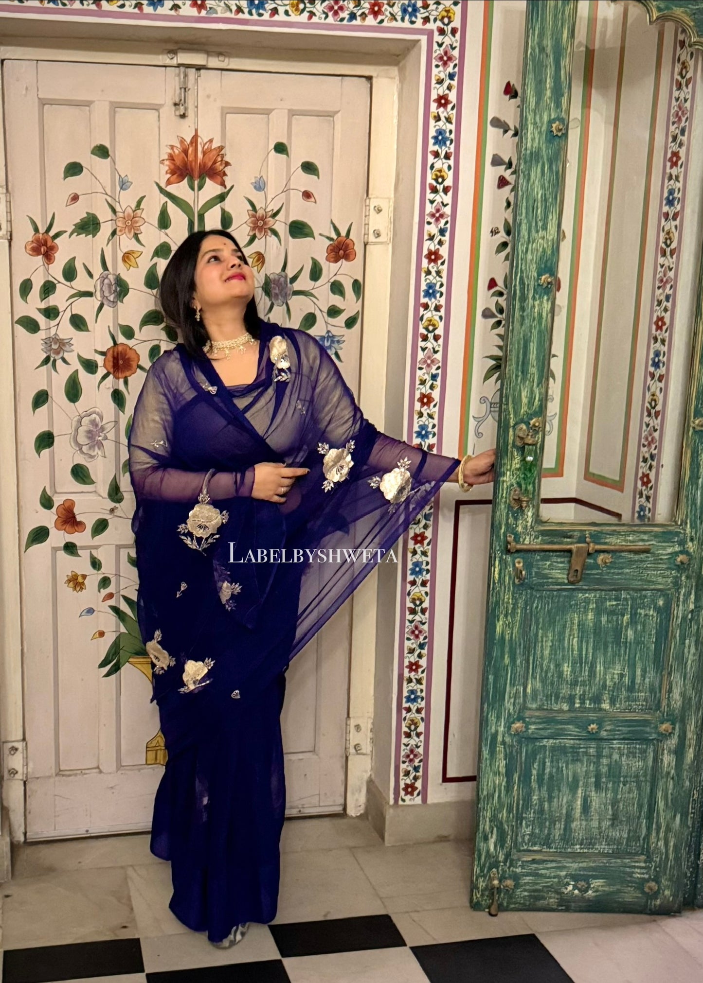 Royal blue shine Chiffon Handcrafted Floral Motif Saree