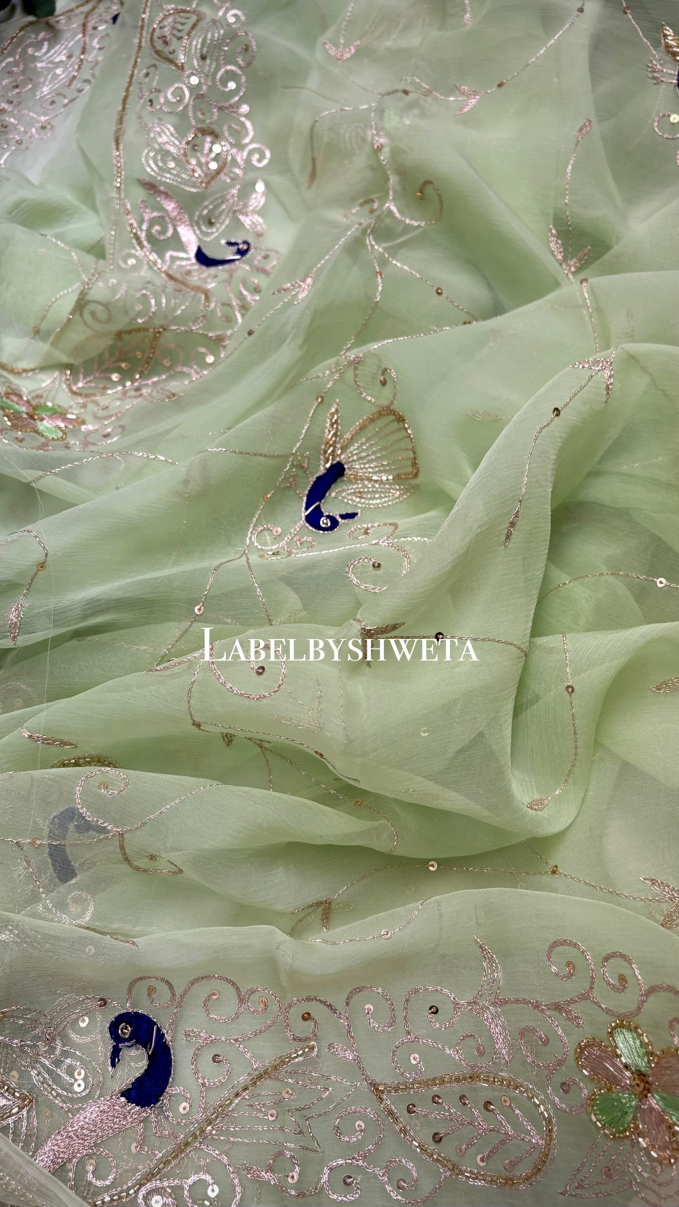 Double diamond chiffon peacock jaal work saree