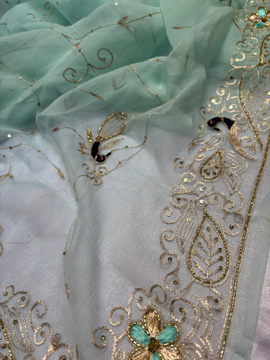 Double diamond chiffon peacock jaal work saree