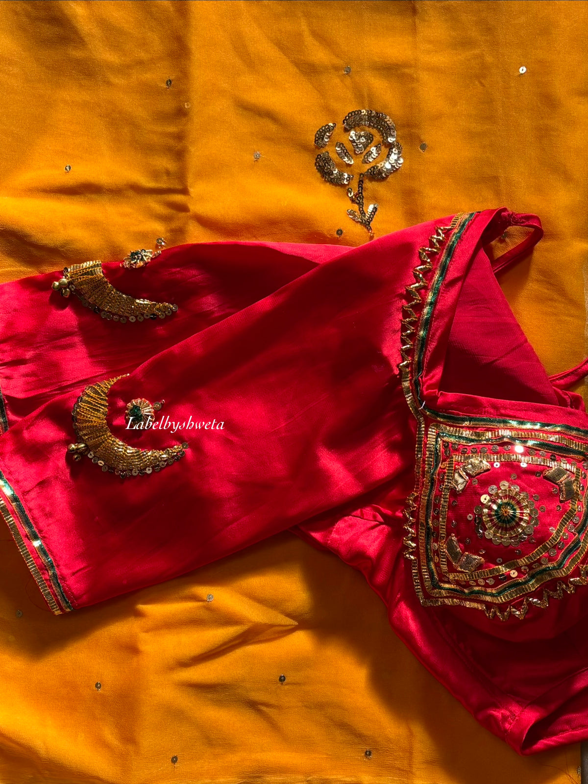 MOON AANGI — Red Handcrafted Aangi & Yellow Organza Silk Saree