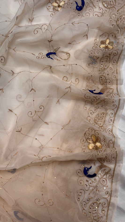 Double diamond chiffon peacock jaal work saree
