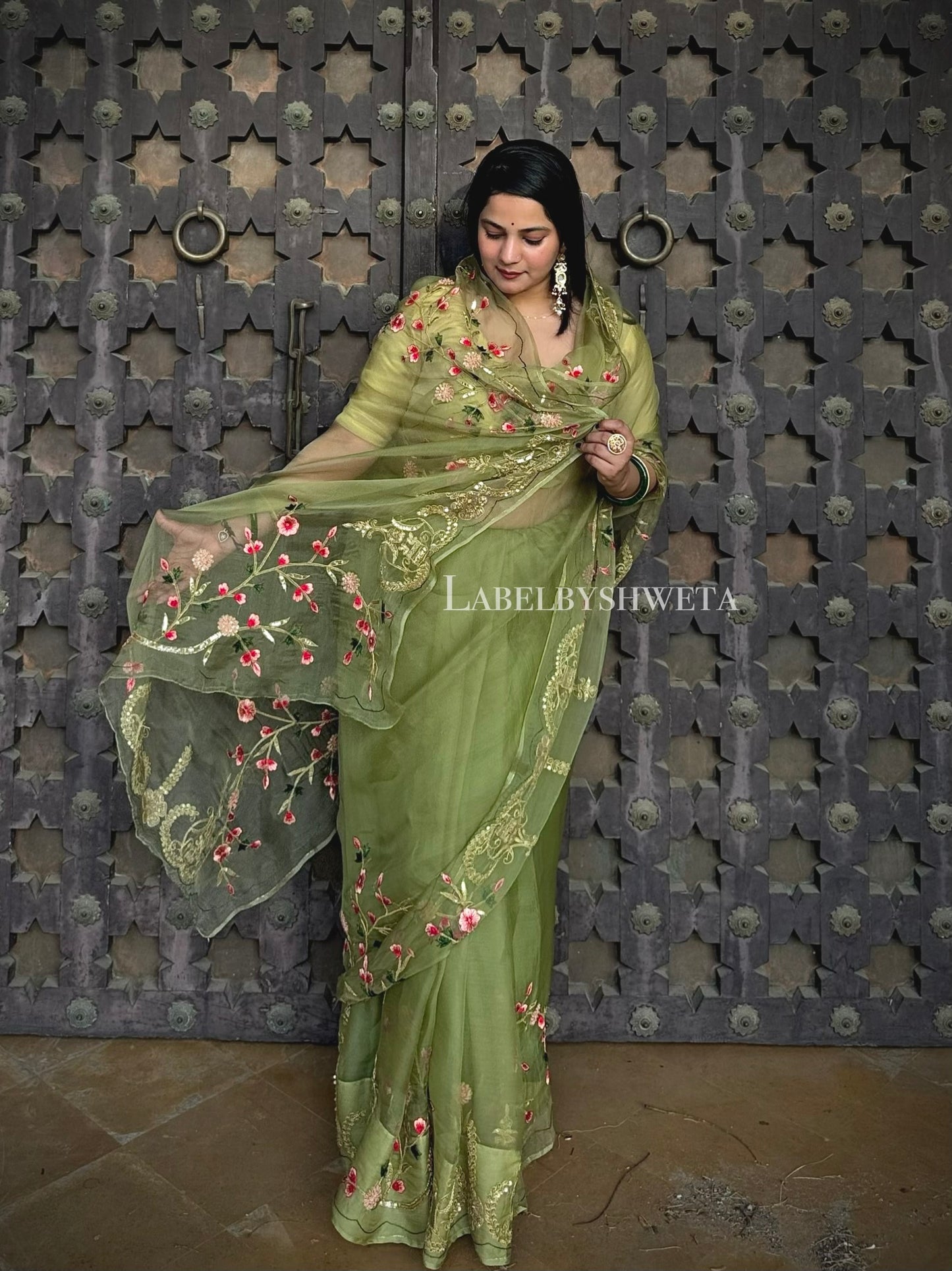 Mehndi Green Pure Organza Silk Saree with Hand Embroidered Zari, Cut Bead & Resham Thread Work
