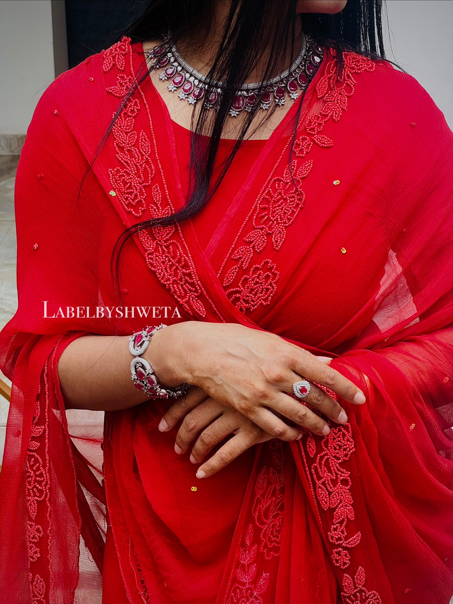 Red Chiffon Pearl Work valentine saree