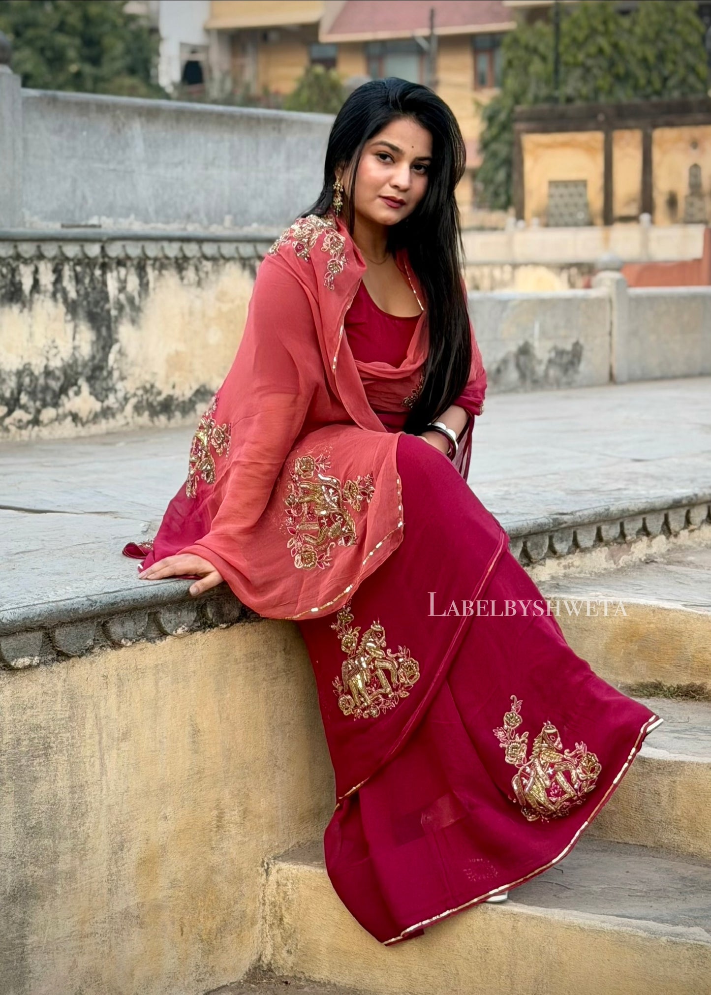 Royal Peach Berry Ombre Platinum Chiffon Saree
