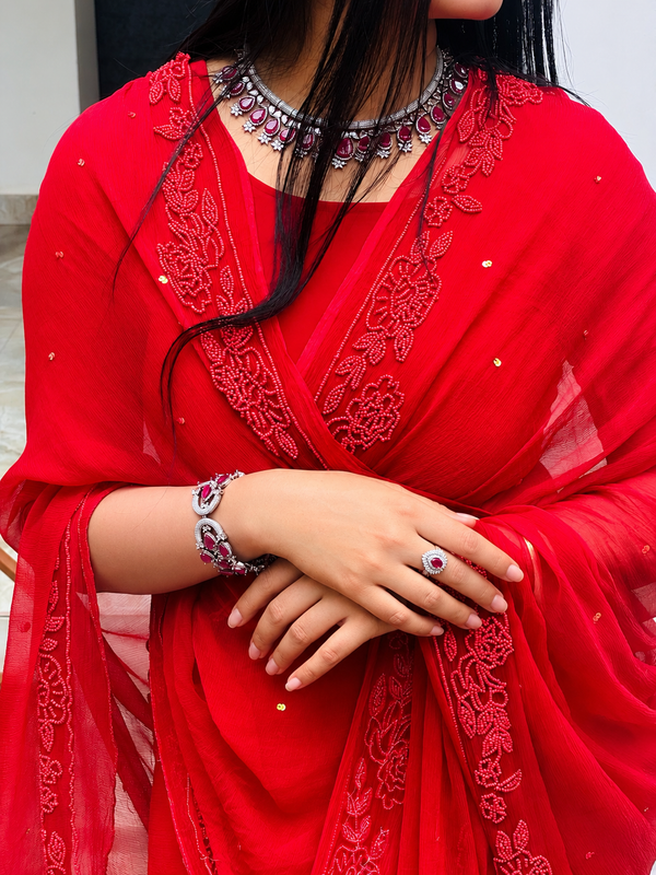 ABHAA — Red Single Diamond Chiffon Handcrafted Saree