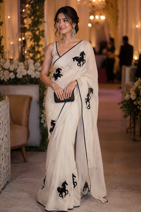 Off white hours motifs platinum chiffon saree