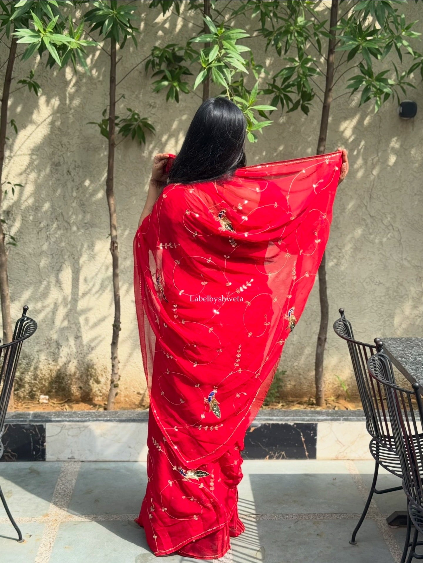 Red colour single diamond chiffon Handcrafted peacock jaal work saree