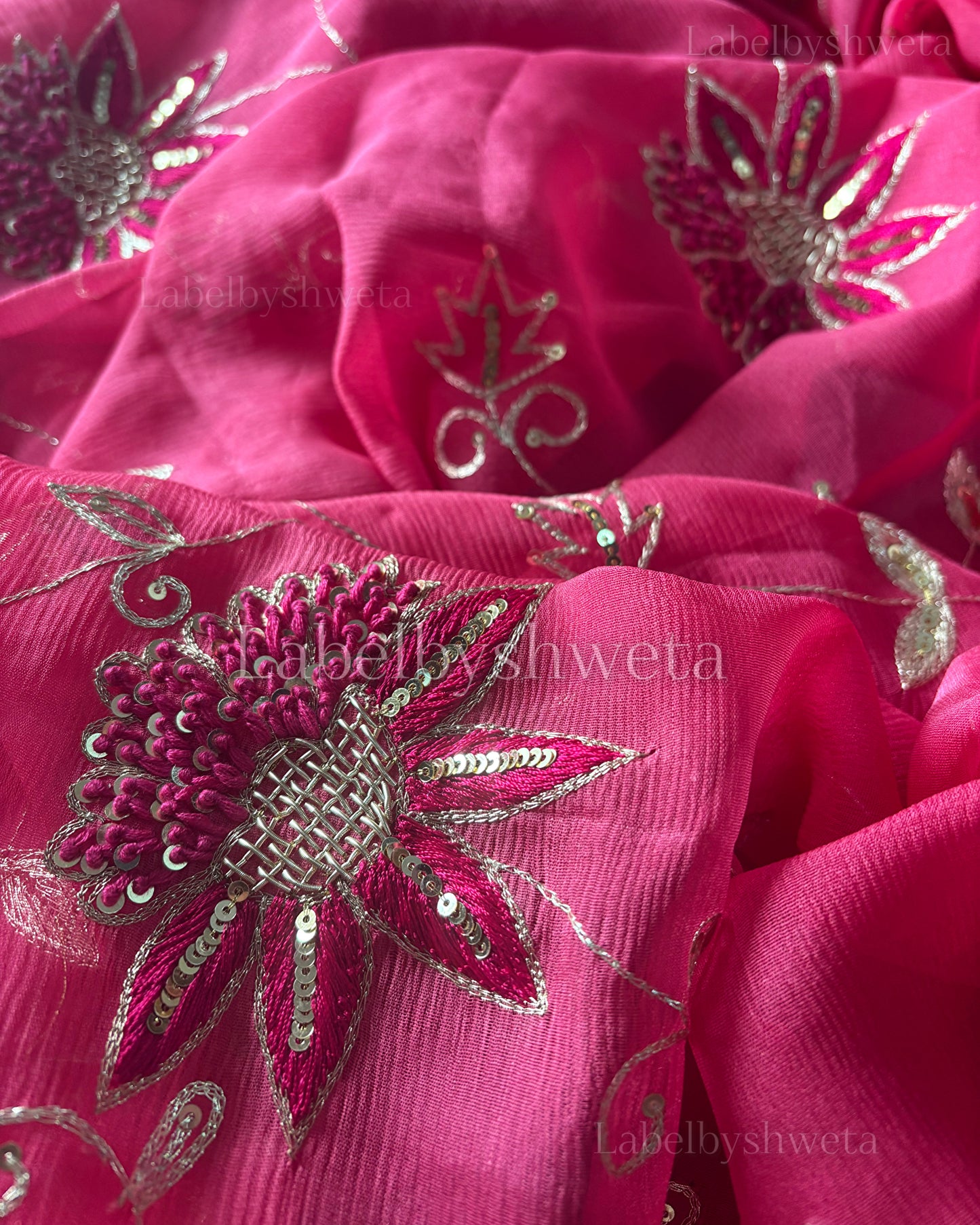 Platinum chiffon resham and zardozi motifs and jaal work saree