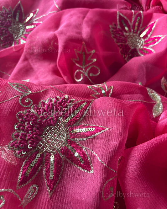 Platinum chiffon resham and zardozi motifs and jaal work saree
