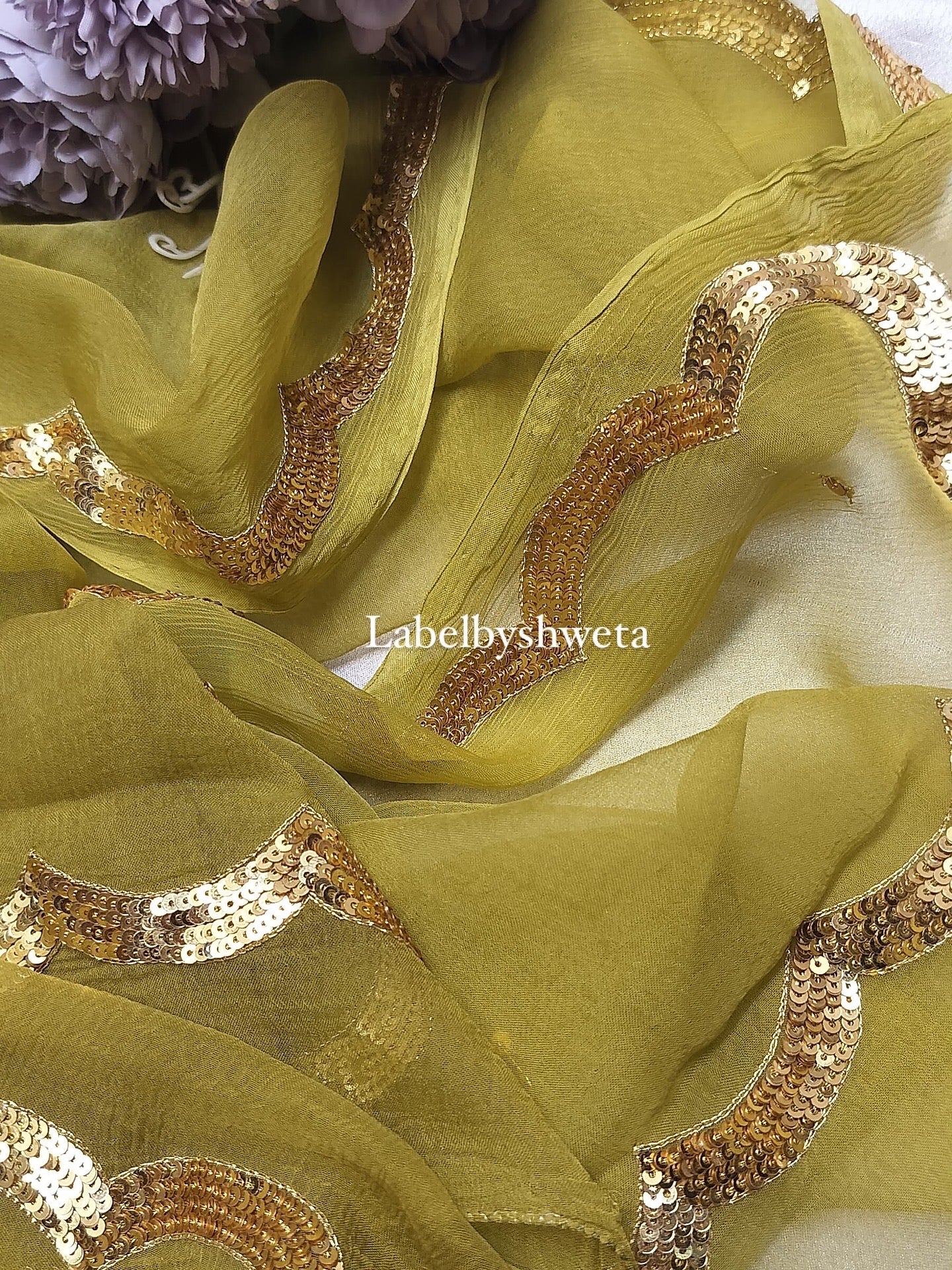 Sequins Arch border mehndi green saree