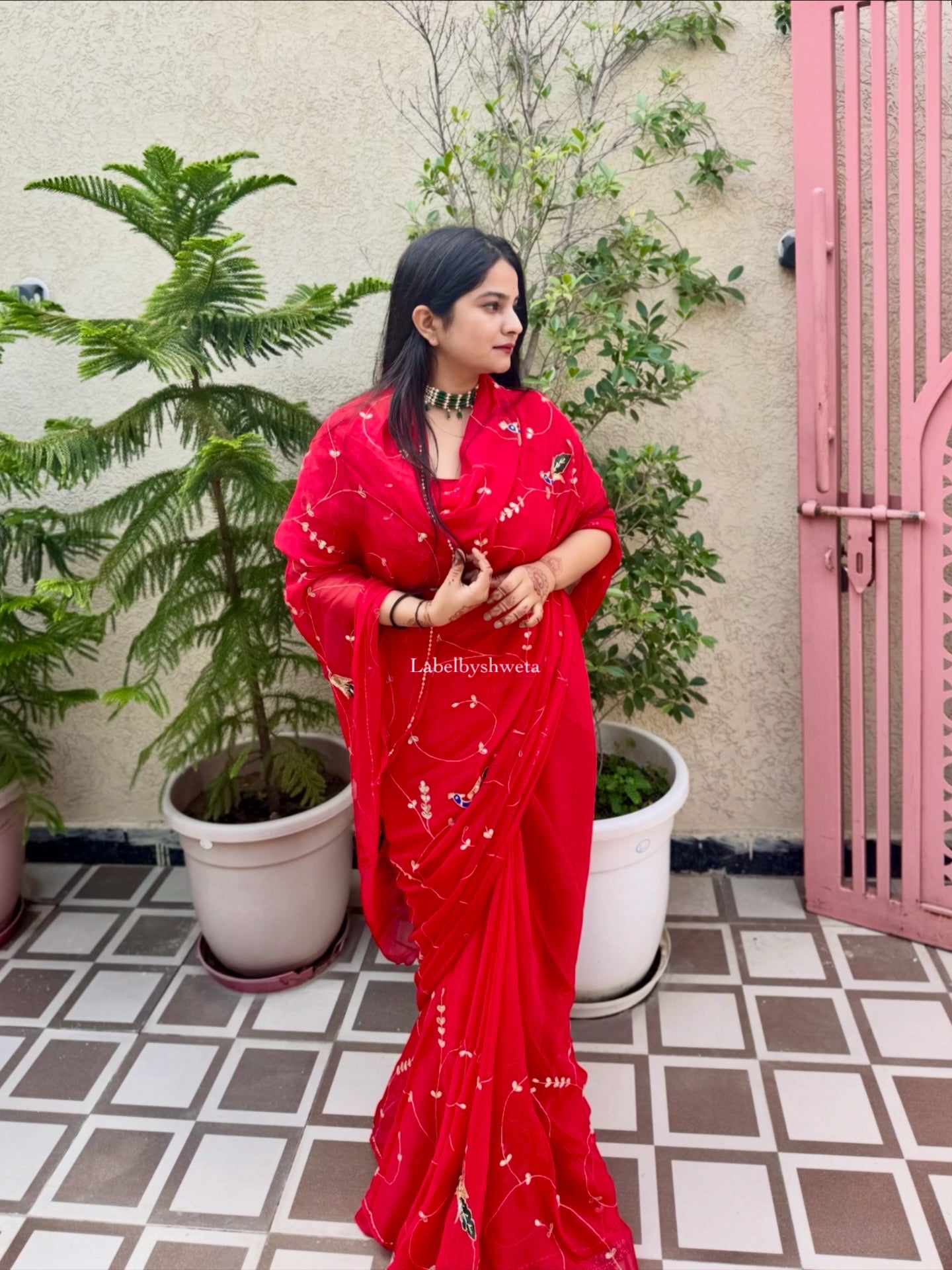 Red colour single diamond chiffon Handcrafted peacock jaal work saree