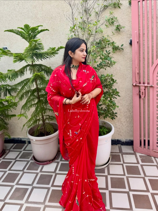 MAYURANG — Red Single Diamond Chiffon Gota Patti Peacock Jaal Handcrafted Saree