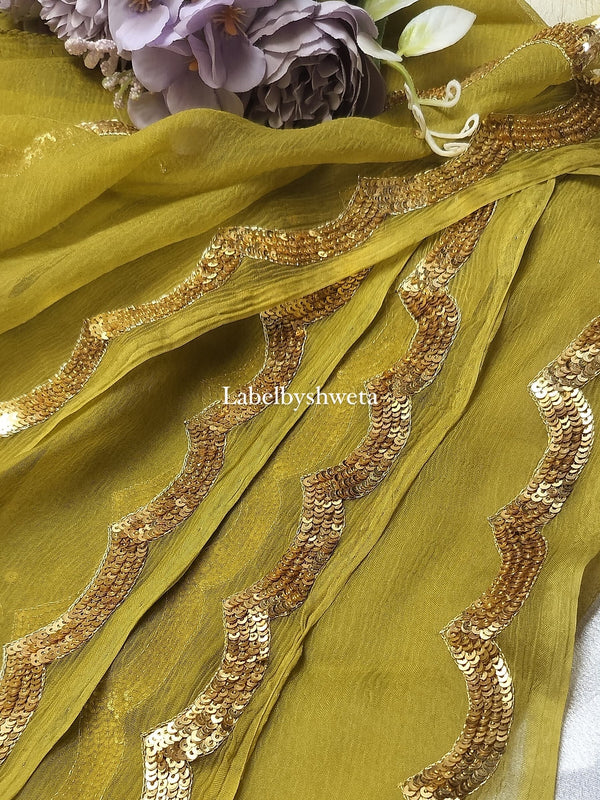 Sequins Arch border mehndi green saree