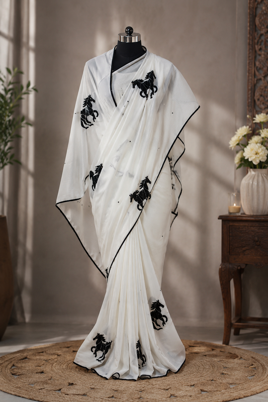 Off white hours motifs platinum chiffon saree