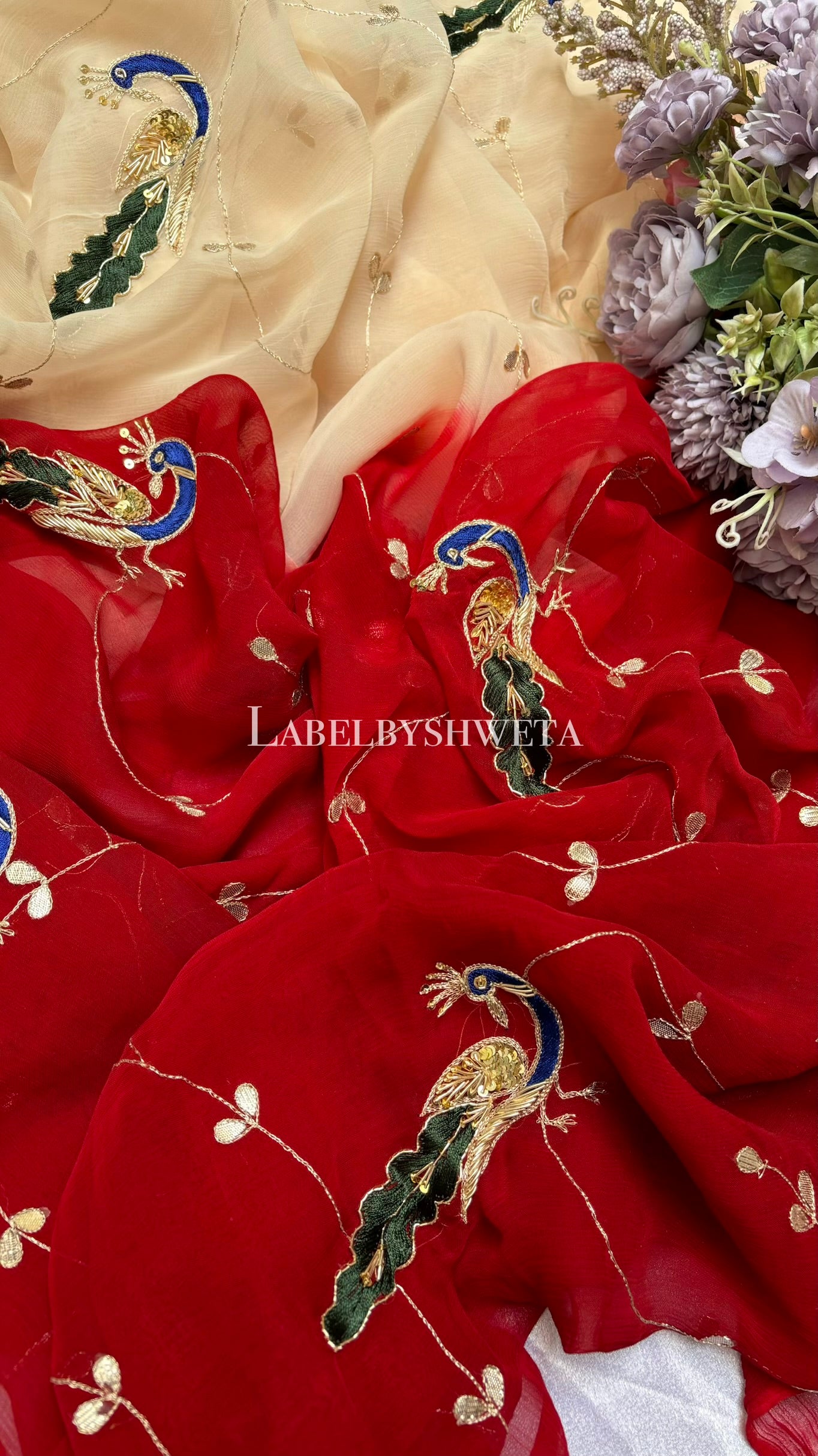 Red ivory Single diamond chiffon peacock gotta patti Jaal work saree