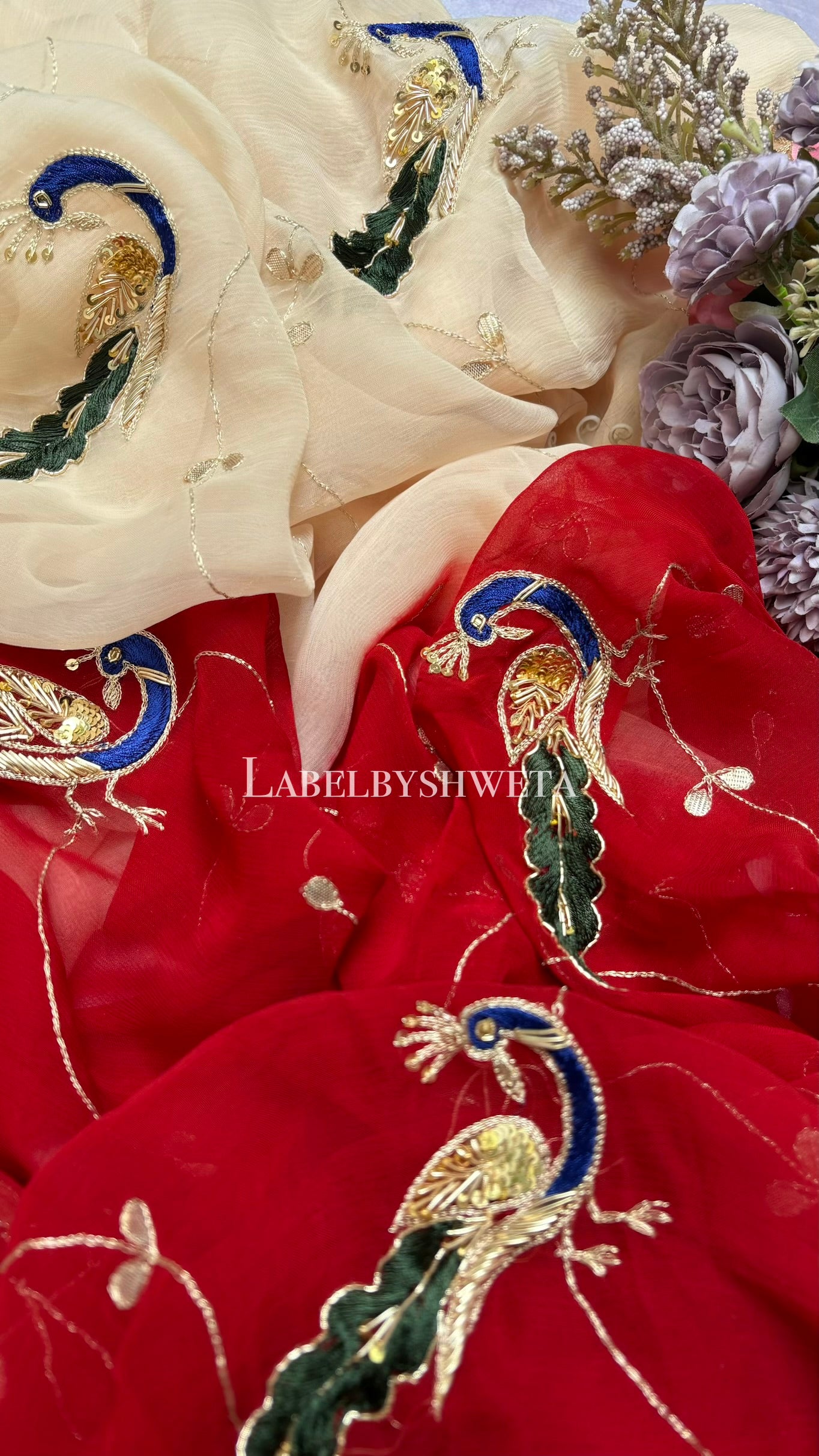 Red ivory Single diamond chiffon peacock gotta patti Jaal work saree