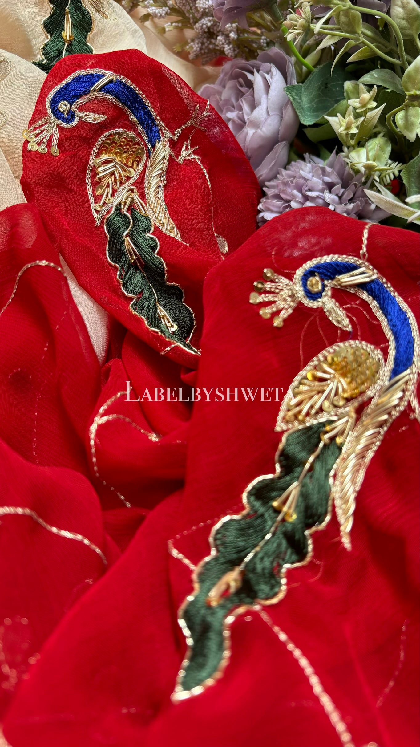 Red ivory Single diamond chiffon peacock gotta patti Jaal work saree