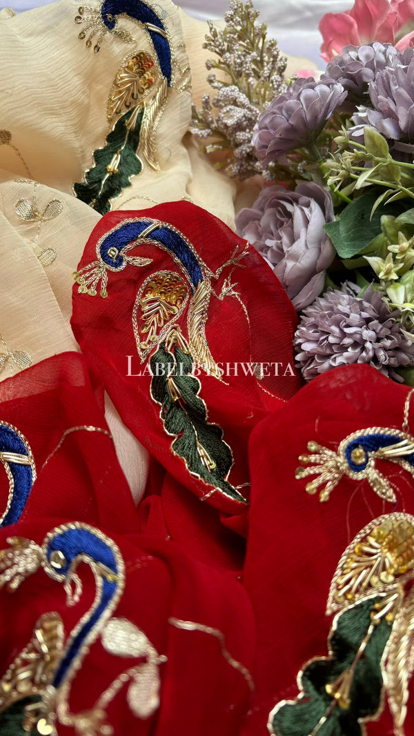 MAYURANG — Ivory Red Single Diamond Chiffon Gota Patti Peacock Jaal Handcrafted Saree
