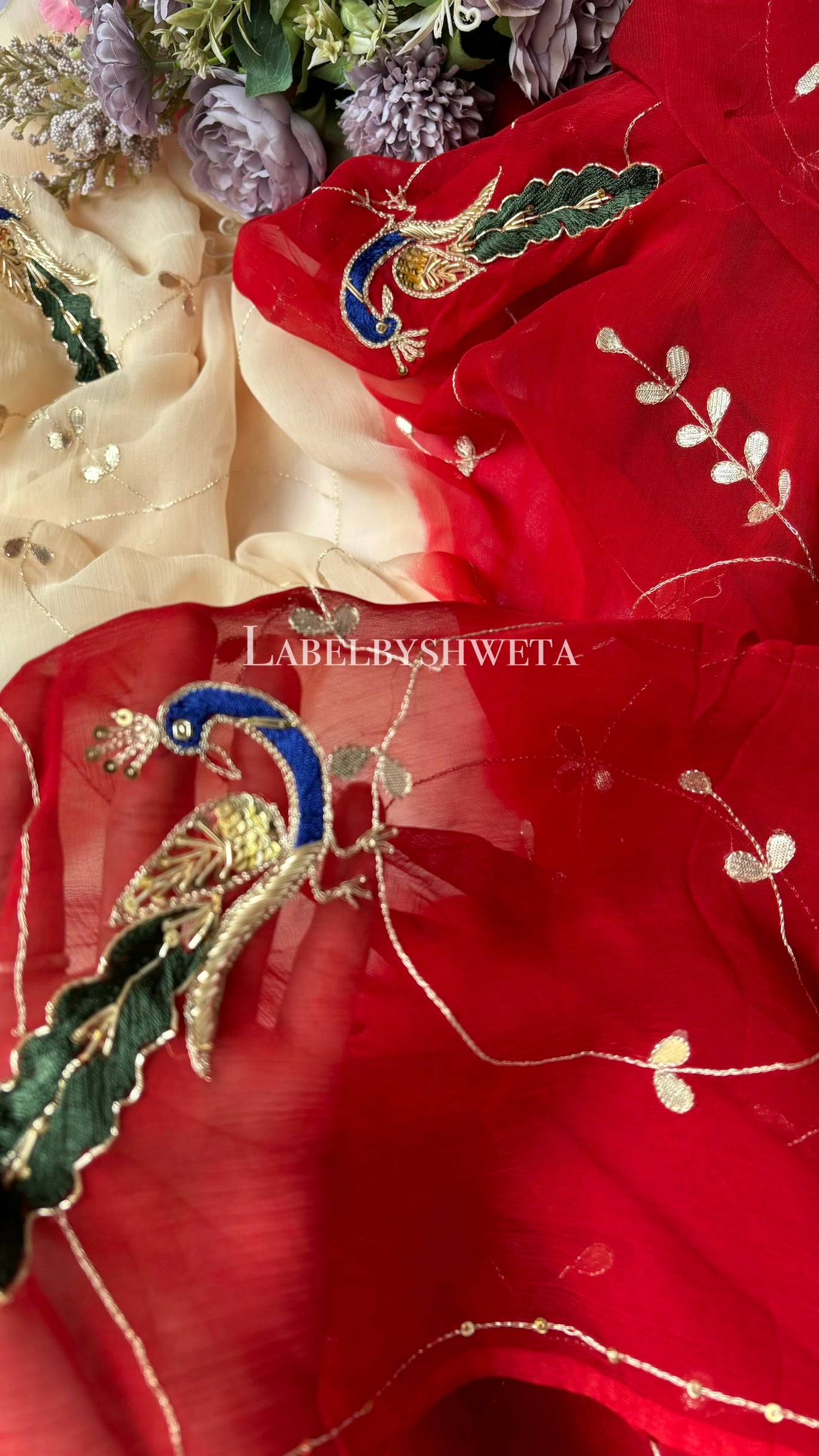 Red ivory Single diamond chiffon peacock gotta patti Jaal work saree