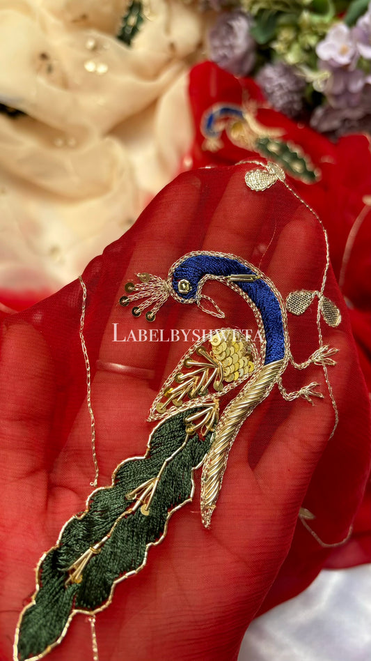 MAYURANG — Ivory Red Single Diamond Chiffon Gota Patti Peacock Jaal Handcrafted Saree