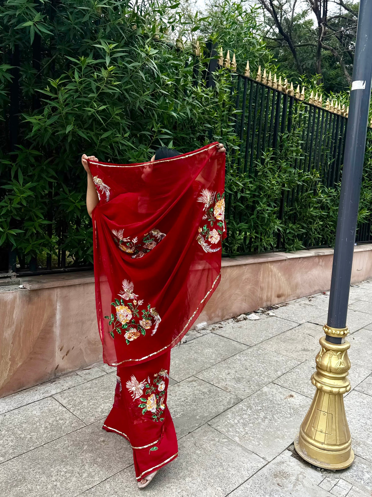 ARUNIMA — Red Hand-Embroidered Platinum Chiffon Saree