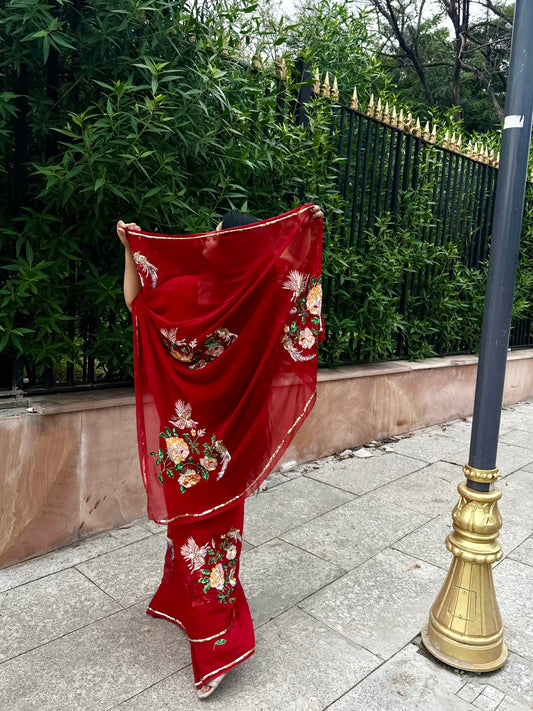 ARUNIMA — Red Hand-Embroidered Platinum Chiffon Saree