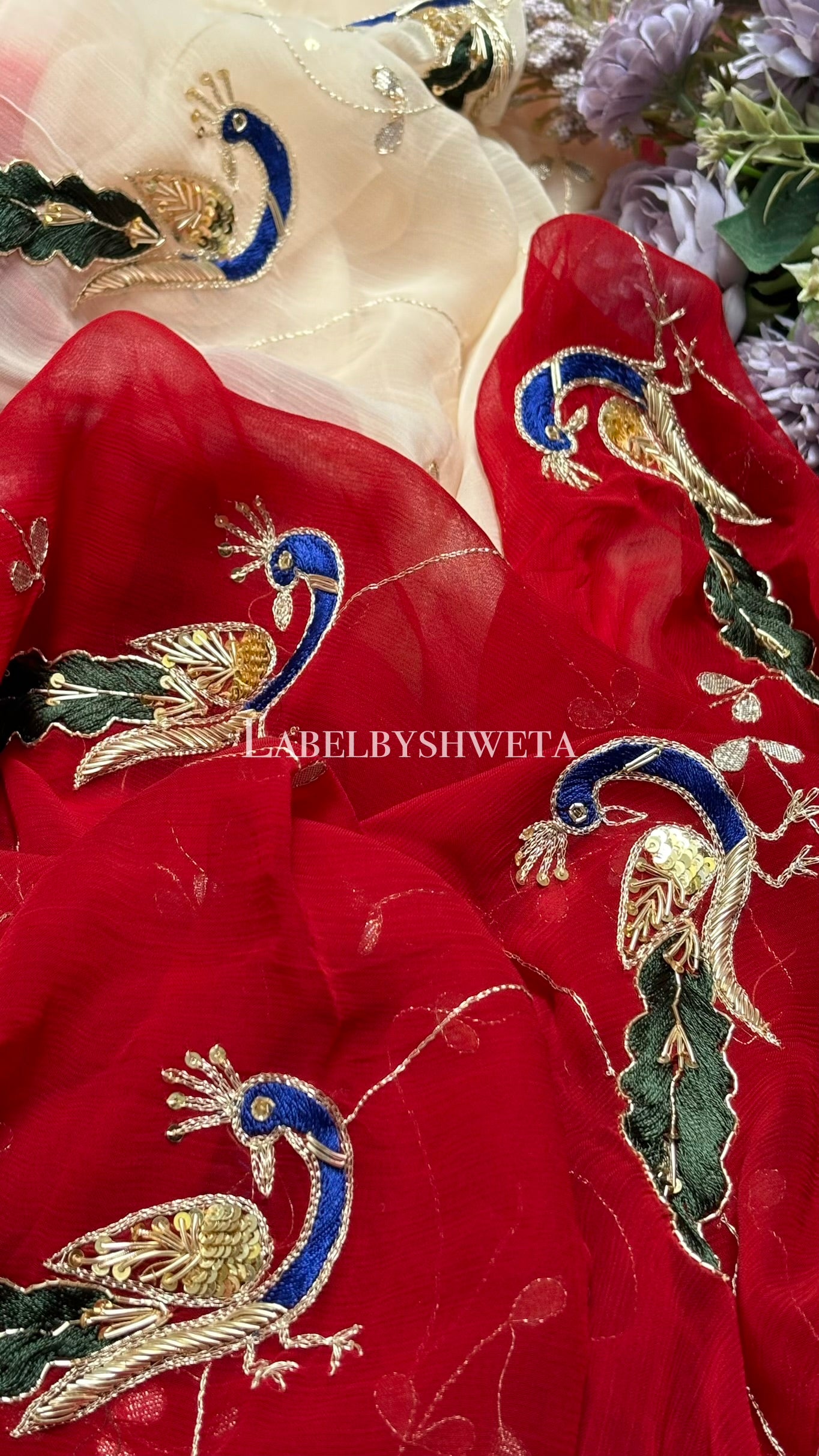 Red ivory Single diamond chiffon peacock gotta patti Jaal work saree