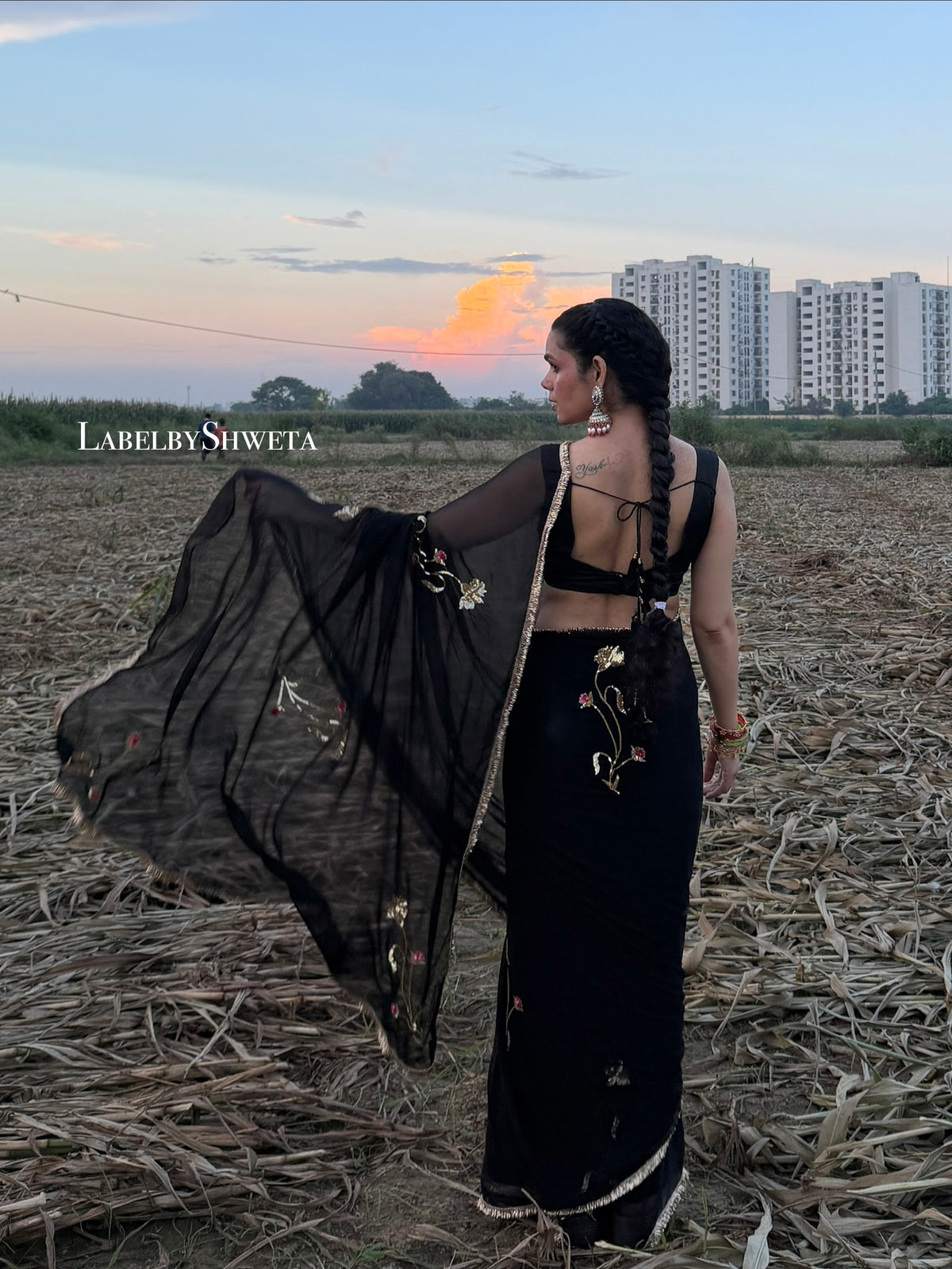 BLACK BOTANICAL — Black single diamond chiffon Handcrafted Saree
