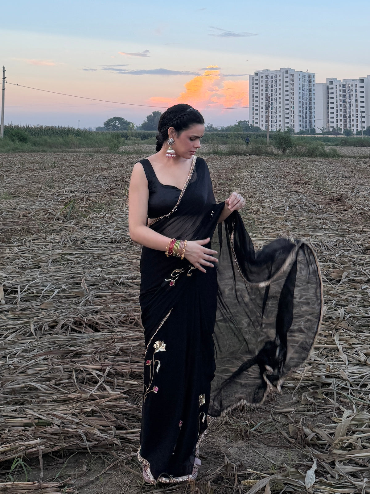 BLACK BOTANICAL — Black single diamond chiffon Handcrafted Saree