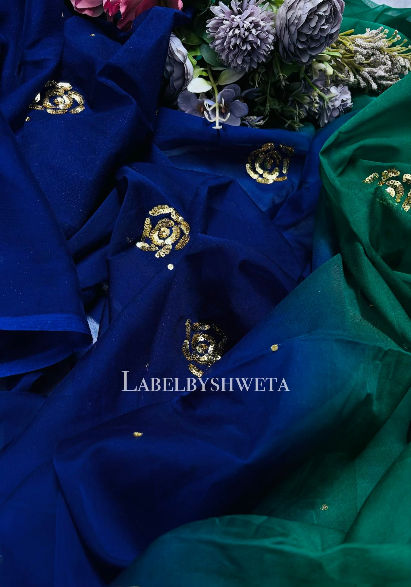 Dark Green &amp; Royal Blue Dual Shaded Humraai Pure Saree | Half Rose Sequin Motifs All Over | Sheer Lightweight Embellished Saree