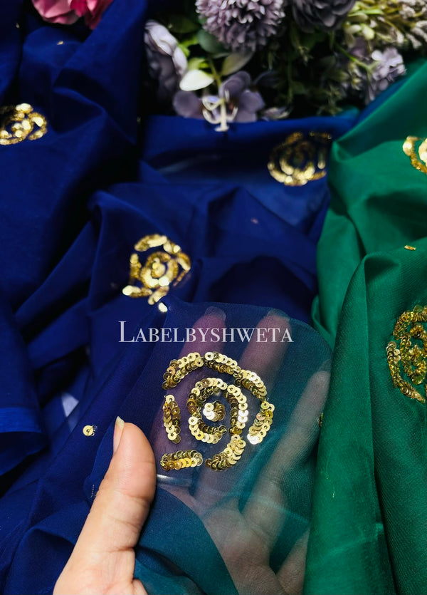 Dark Green &amp; Royal Blue Dual Shaded Humraai Pure Saree | Half Rose Sequin Motifs All Over | Sheer Lightweight Embellished Saree