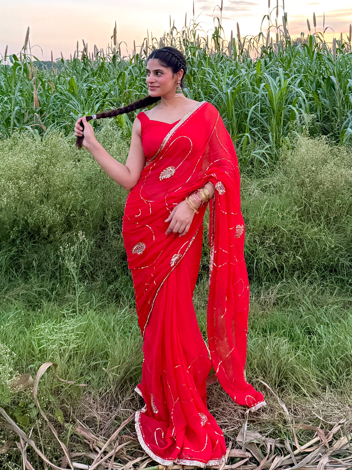 KUMKUM — Red Zari & Sequin Handcrafted Saree