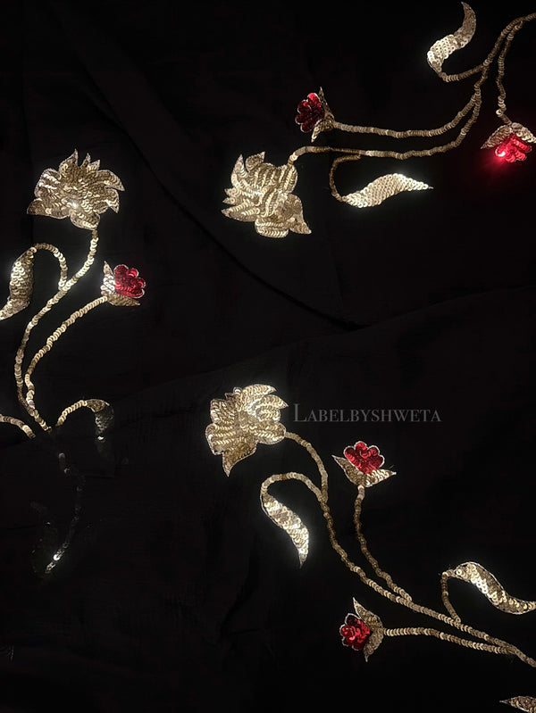 BLACK BOTANICAL — Black single diamond chiffon Handcrafted Saree