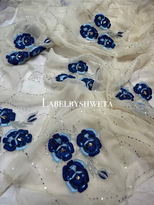 Off-White Double Diamond Chiffon Saree | 3D Navy Blue Rose Embroidery with Sequin &amp; Silver Zari Work
