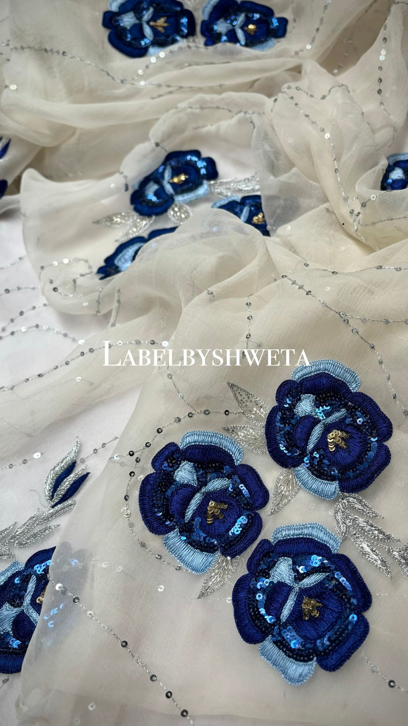 Off-White Double Diamond Chiffon Saree | 3D Navy Blue Rose Embroidery with Sequin &amp; Silver Zari Work
