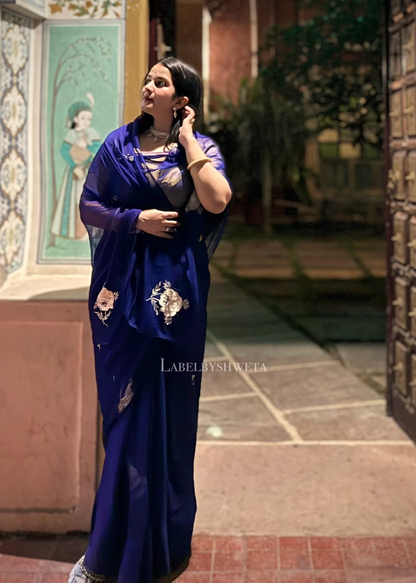 Royal blue shine Chiffon Handcrafted Floral Motif Saree