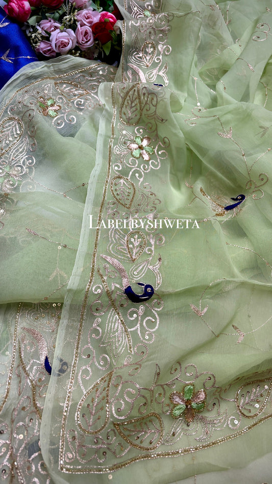 Double diamond chiffon peacock jaal work saree
