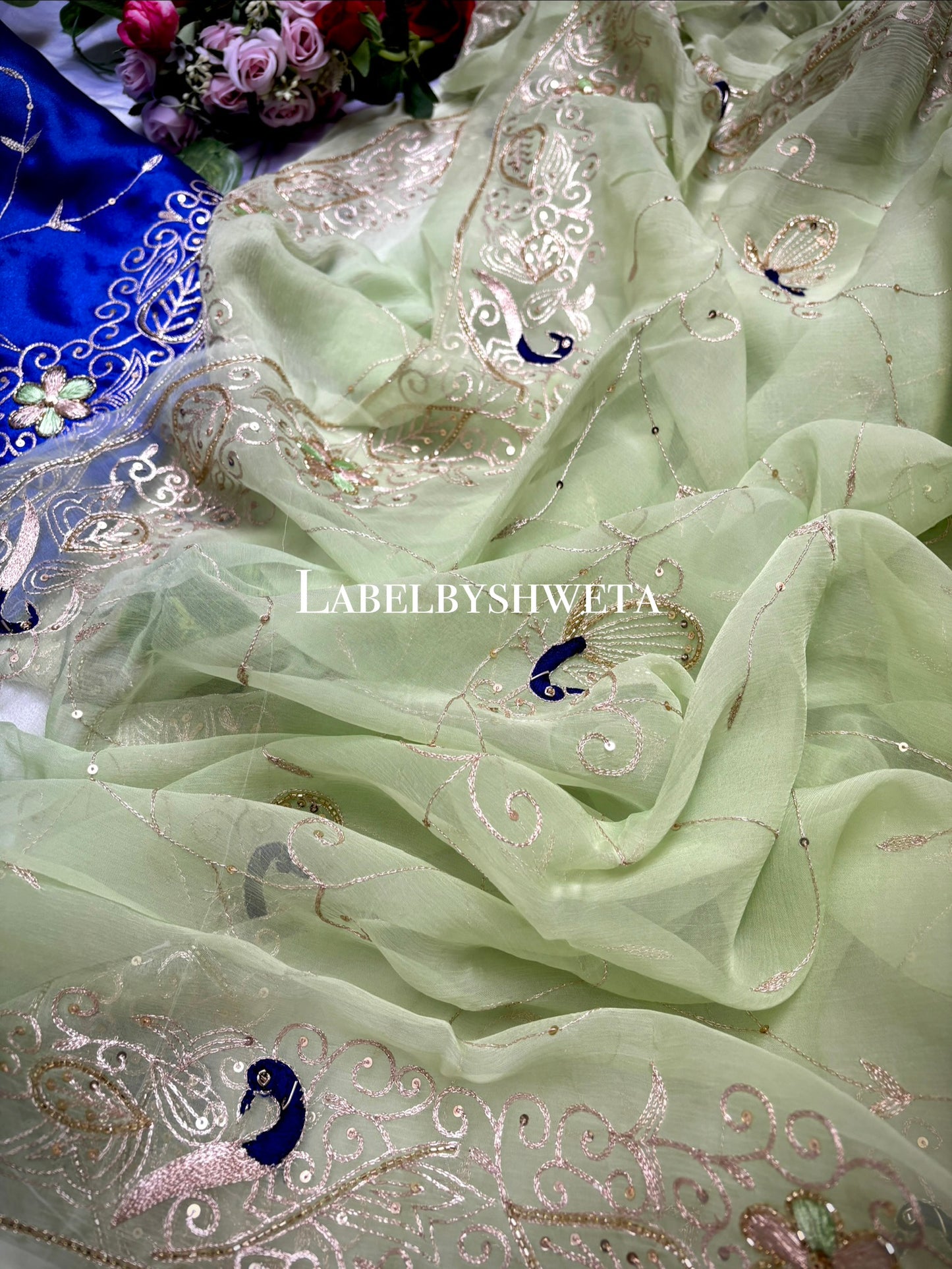 Double diamond chiffon peacock jaal work saree