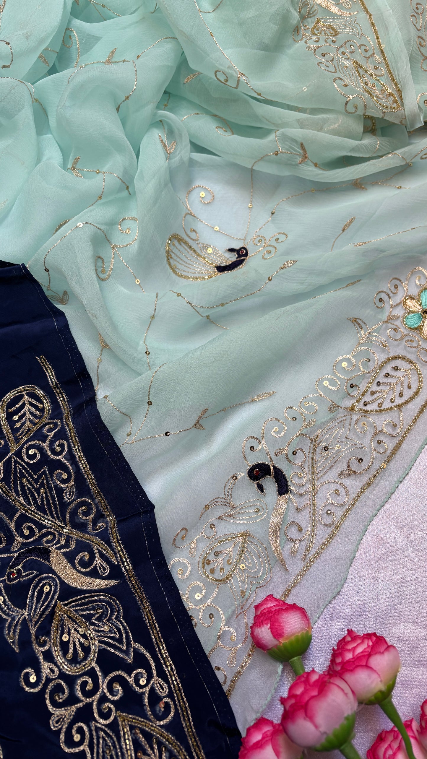 Double diamond chiffon peacock jaal work saree