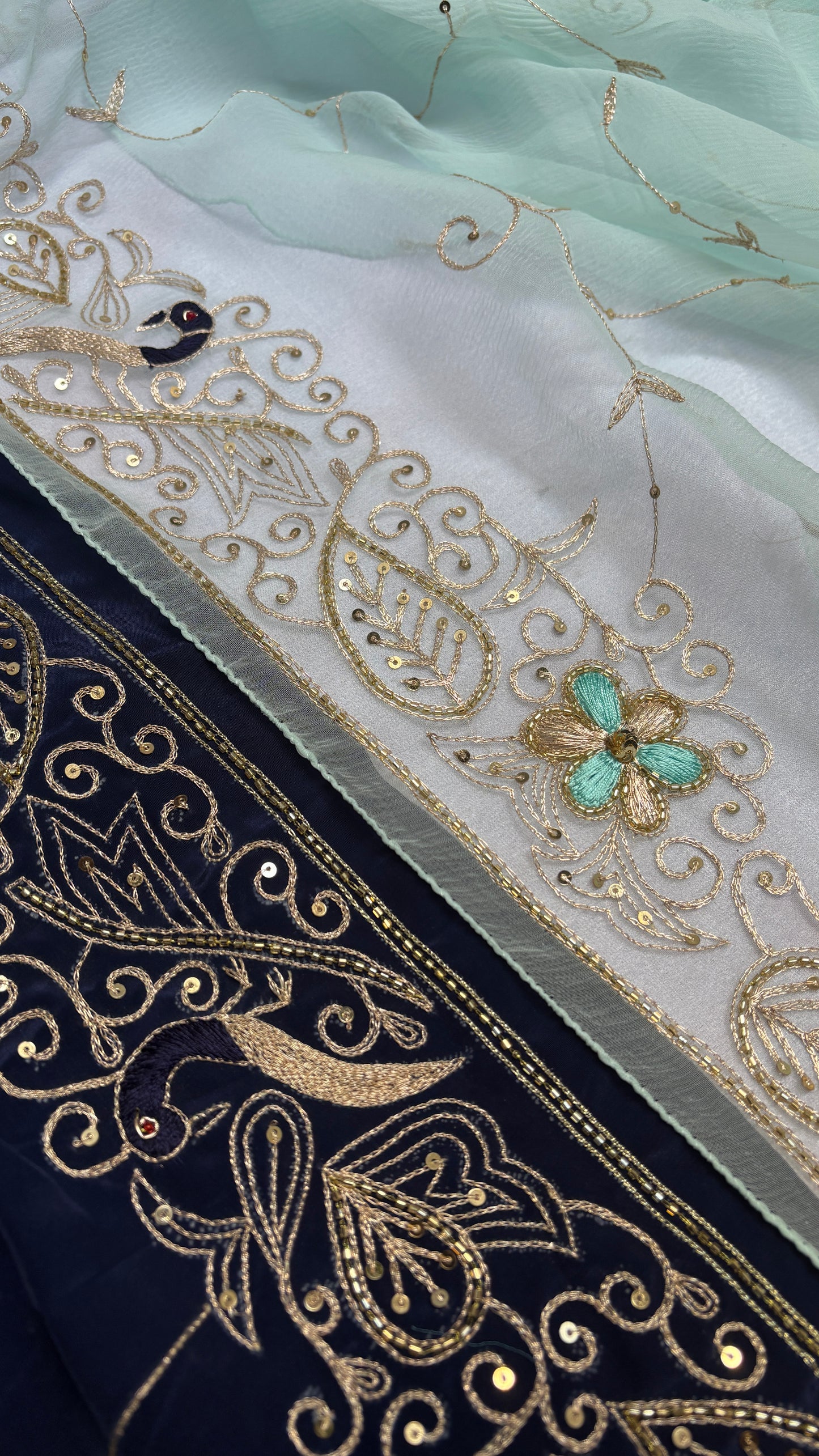 Double diamond chiffon peacock jaal work saree