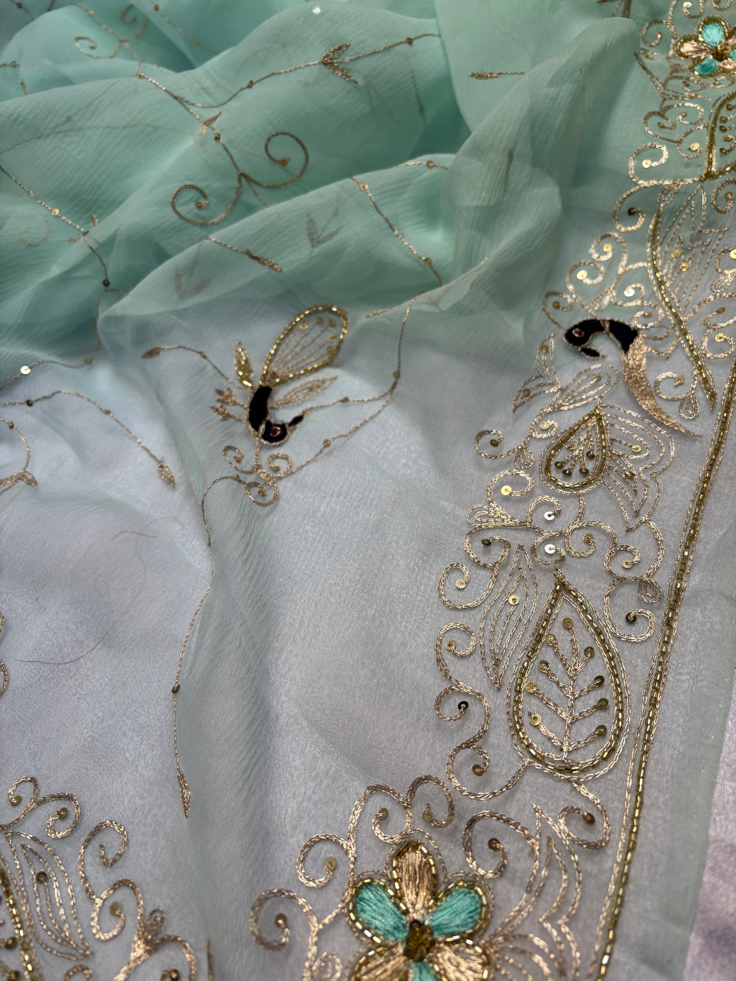 Double diamond chiffon peacock jaal work saree