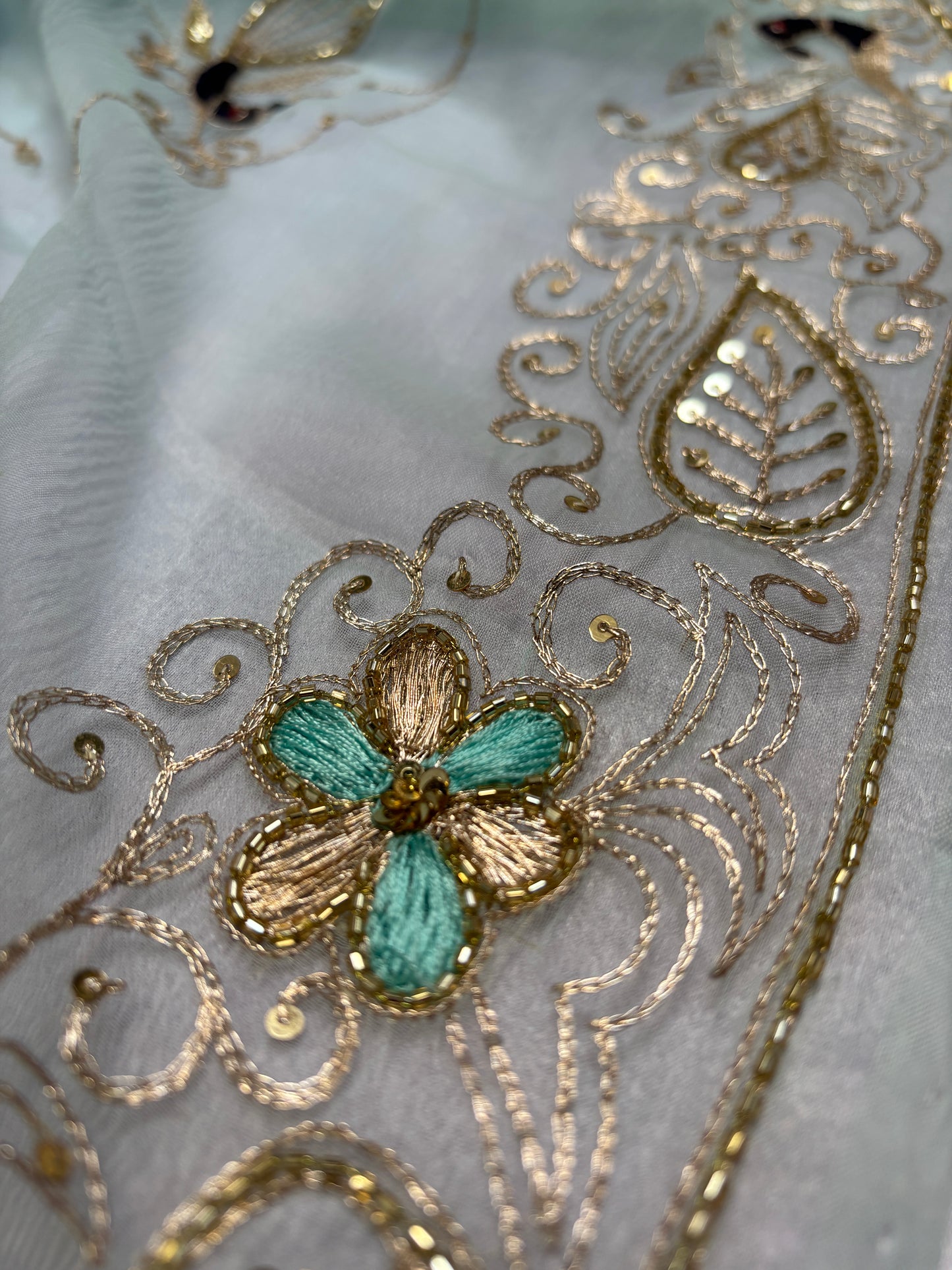 Double diamond chiffon peacock jaal work saree