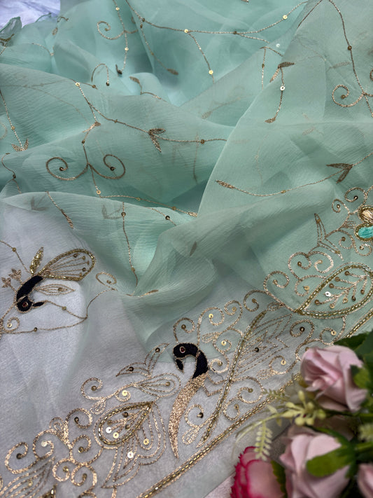 Double diamond chiffon peacock jaal work saree
