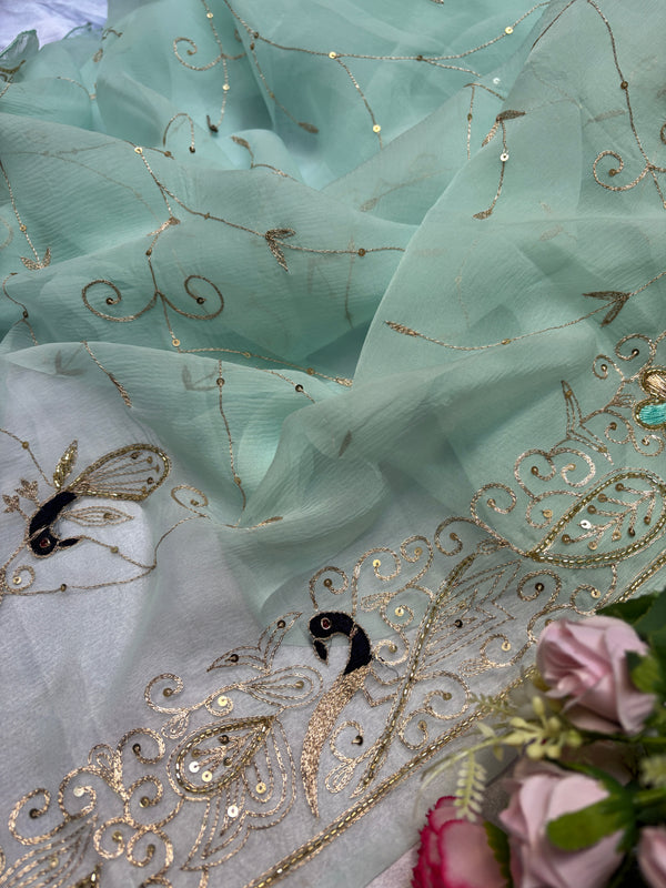 Double diamond chiffon peacock jaal work saree