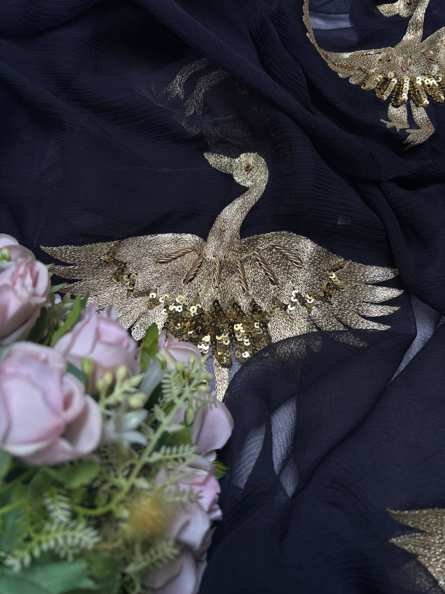 VIHANGI — Dark Blue Double Diamond Chiffon Flamingo Handcrafted Saree