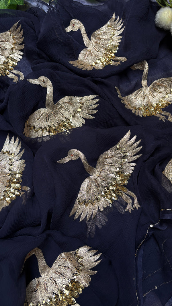 VIHANGI — Dark Blue Double Diamond Chiffon Flamingo Handcrafted Saree