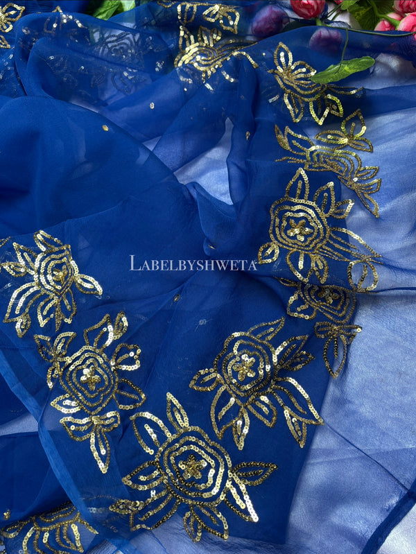 RUANAK — Royal Blue Handcrafted Sequin & Floral Border Chiffon Saree