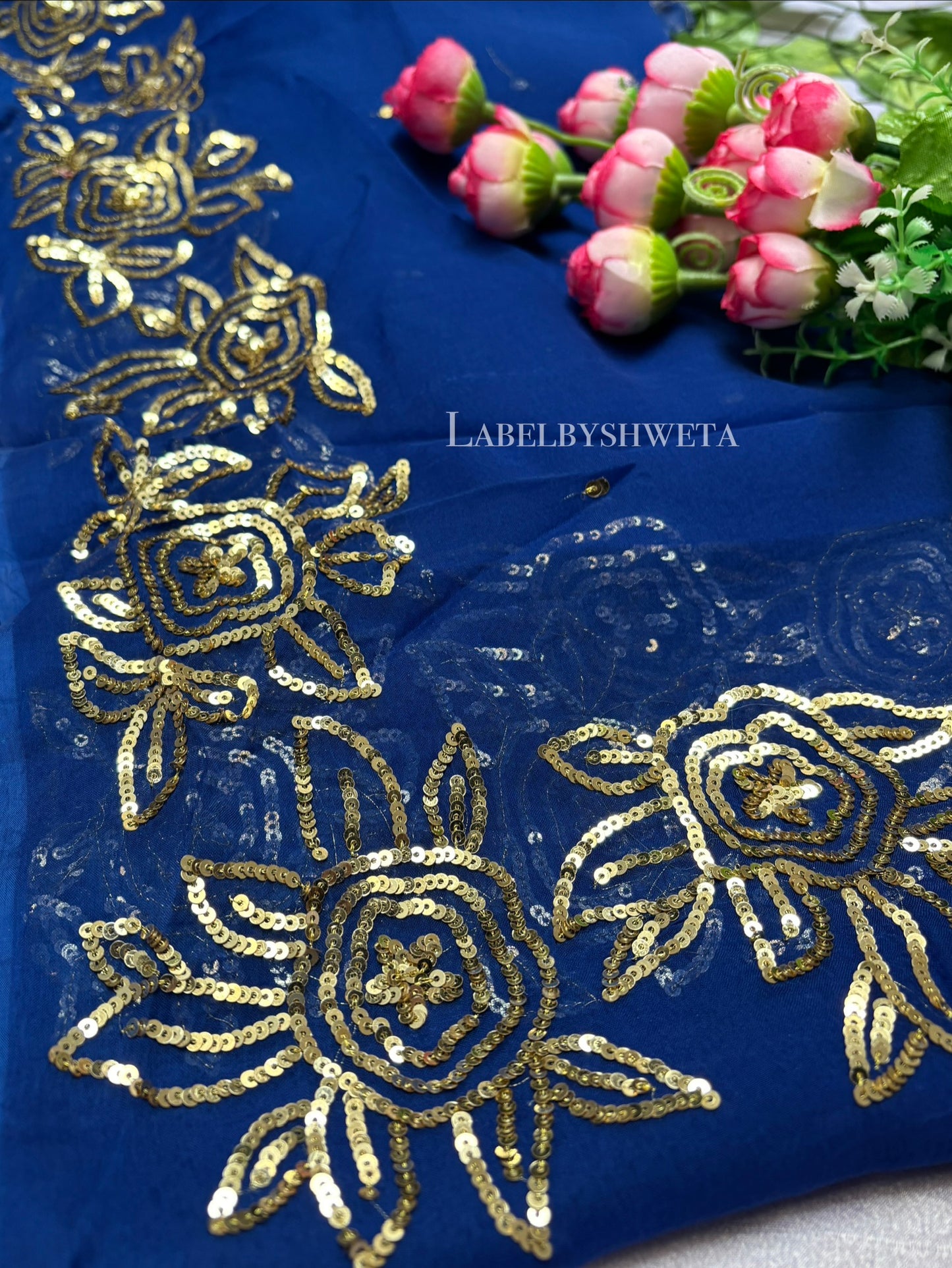 RUANAK — Royal Blue Handcrafted Sequin & Floral Border Chiffon Saree